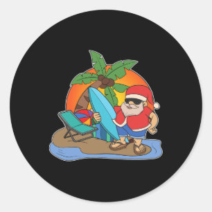 Palm Trees Sunset Surfing Santa Funny Christmas In Classic Round Sticker