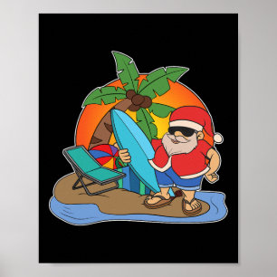 Palm Trees Sunset Surfing Santa Funny Christmas In Poster