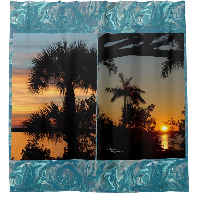 Palm trees sunsets Blue Shower Curtain (Front)