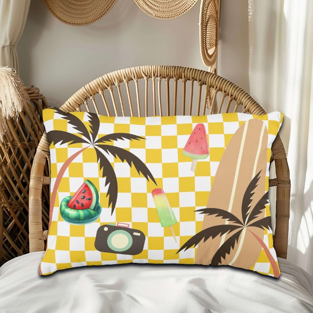 Palm Trees Surfboard Chequered Summer  Decorative Cushion (Creator Uploaded)