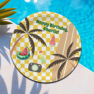 Palm Trees Surfboard Chequered Summer Party Paper Plate