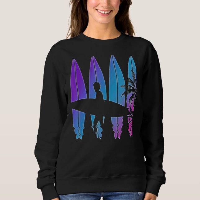Palm Trees Surfer Synthwave Surfboard Vaporwave Su Sweatshirt (Front)