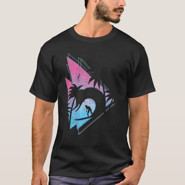 Palm Trees Synthwave Waves Surfing Vaporwave Surfe T-Shirt (Front)