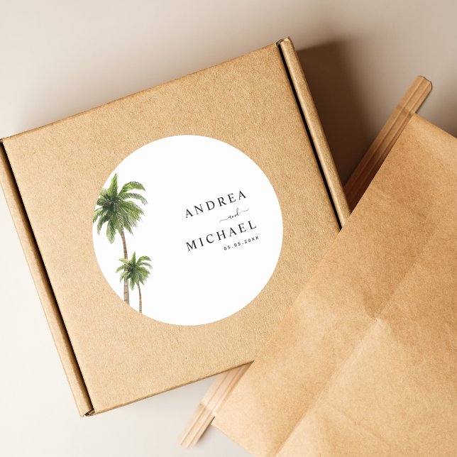 Palm Trees Tropical Beach Destination Wedding Classic Round Sticker (Creator Uploaded)