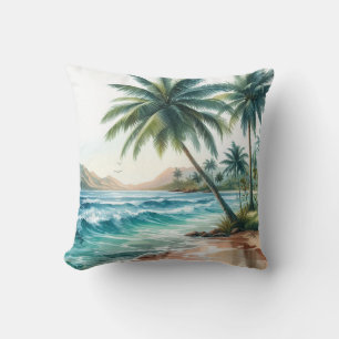 Palm Trees Tropical Beach Ocean Waves Sun Cushion