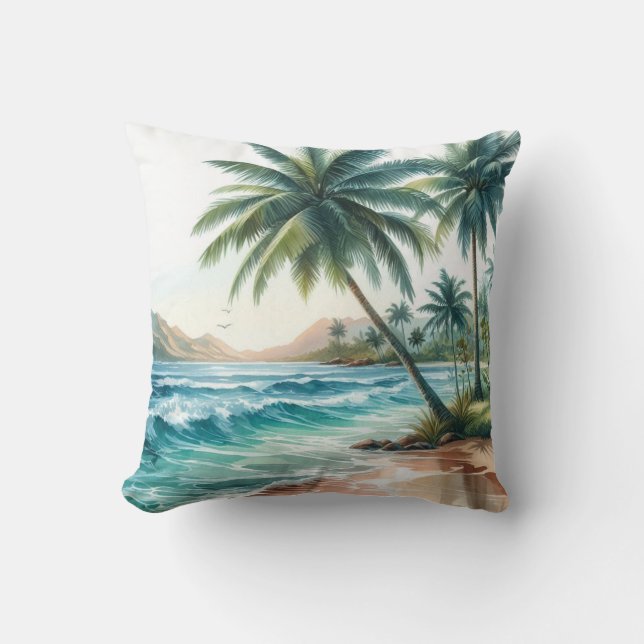 Palm Trees Tropical Beach Ocean Waves Sun Cushion (Front)