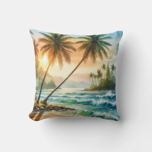 Palm Trees Tropical Beach Ocean Waves Sunset  Cushion (Front)