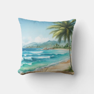 Palm Trees Tropical Beach Ocean Waves Watercolors Cushion