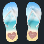 Palm Trees Tropical Beach Wedding Heart Bridesmaid Thongs<br><div class="desc">Personalised, trendy rose gold heart beach wedding flip flop sandals for bridesmaids and other members of the bridal party- Background is a tropical beach scene with a palm trees against a pretty blue sky and full sunlight with aqua turquoise water and sandy beach. Faux foil, rose gold heart design at...</div>