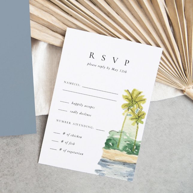 Palm Trees Tropical Beach Wedding RSVP Card (Watercolor palm trees beach scene tropical wedding RSVP response enclosure card.)