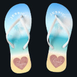 Palm Trees Tropical Beach Wedding Team Bride Heart Thongs<br><div class="desc">Personalised, trendy rose gold heart beach wedding flip flop sandals- Background is a tropical beach scene with a palm trees against a pretty blue sky and full sunlight with aqua turquoise water and sandy beach. Faux foil, rose gold heart design at bottom. Reads Team, then Bride, on other sandal in...</div>