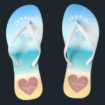 Palm Trees Tropical Beach Wedding Team Bride Heart Thongs<br><div class="desc">Personalised, trendy rose gold heart beach wedding flip flop sandals- Background is a tropical beach scene with a palm trees against a pretty blue sky and full sunlight with aqua turquoise water and sandy beach. Faux foil, rose gold heart design at bottom. Reads Team, then Bride, on other sandal in...</div>