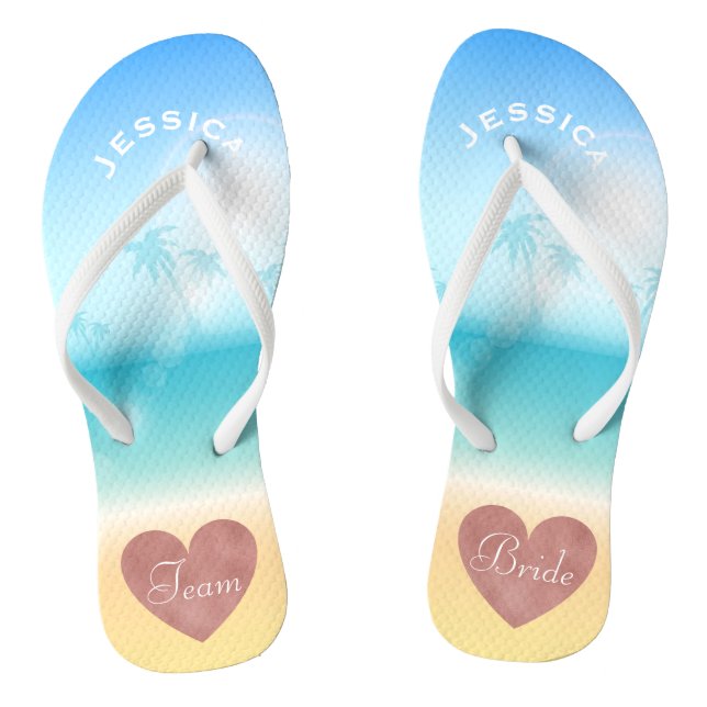 Palm Trees Tropical Beach Wedding Team Bride Heart Thongs (Footbed)