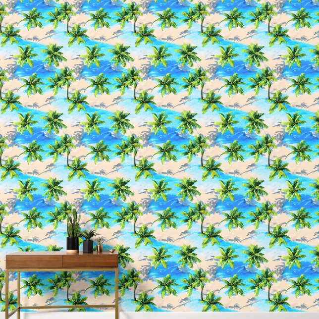 Palm trees tropical island coastal summer pattern wallpaper (Hallway)
