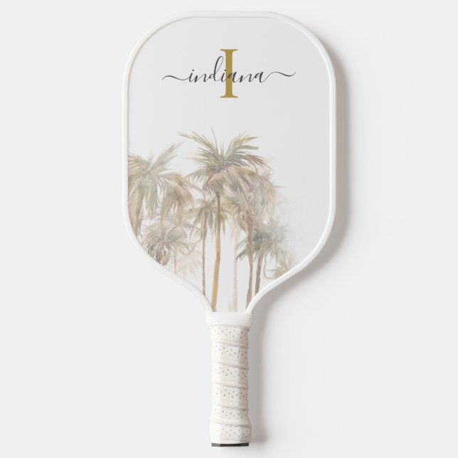 Palm Trees Tropical Monogram Name Script Pickleball Paddle (Front)