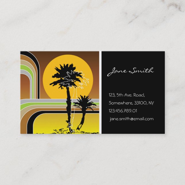 Palm Trees Tropical Retro Beach Sunset Stripes Mod Business Card (Front)