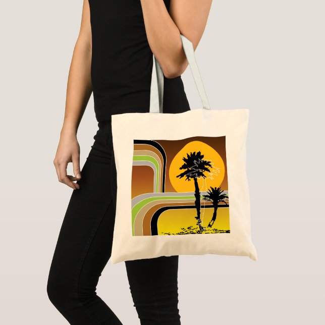 Palm Trees Tropical Retro Beach Sunset Stripes Mod Tote Bag (Front (Product))