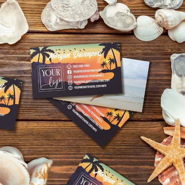 Palm Trees Tropical Sunset with Your Logo & Photo Business Card (Creator Uploaded)