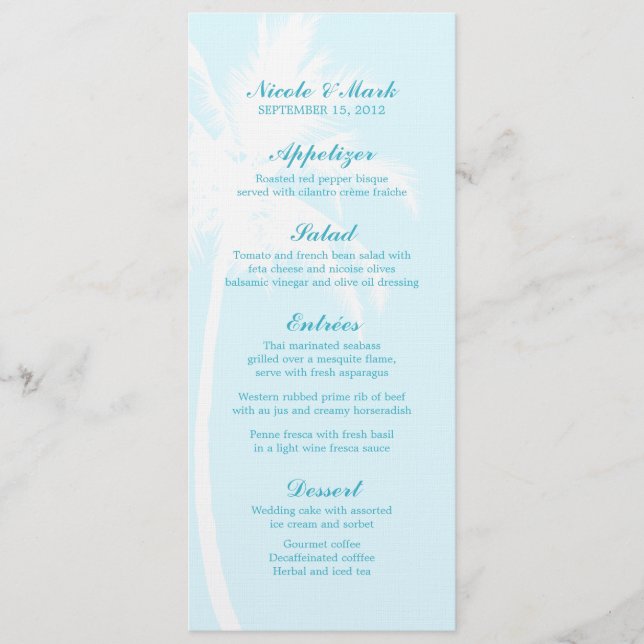 Palm Trees Tropical Wedding Menu Cards (Front)