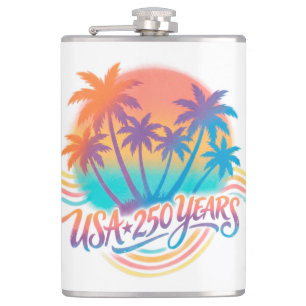 Palm Trees USA 250 Years Patriotic Desert Sunrise Hip Flask