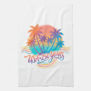 Palm Trees USA 250 Years Patriotic Desert Sunrise Tea Towel