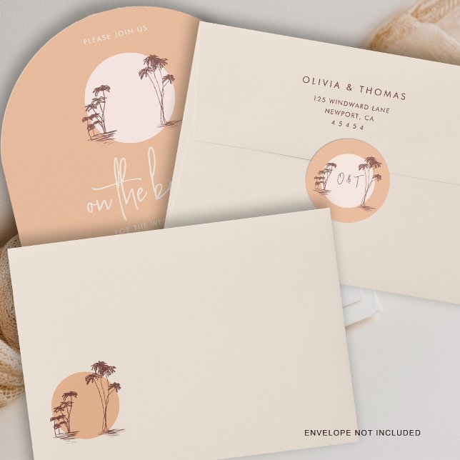 Palm Trees Warm Sand Sunset Sun Beach Wedding Classic Round Sticker (beach wedding sticker tropical palm trees sun beach modern calligraphy warm sand beige)