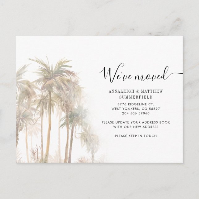 Palm Trees Watercolor New Address Moving Announcement Postcard (Front)