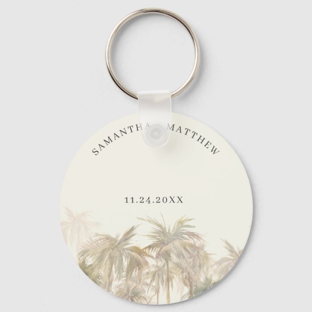 Palm Trees Watercolor Tan Coastal Wedding Favour Key Ring (Front)