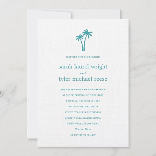 Palm Trees Wedding Invitation - White/Aqua (Front)