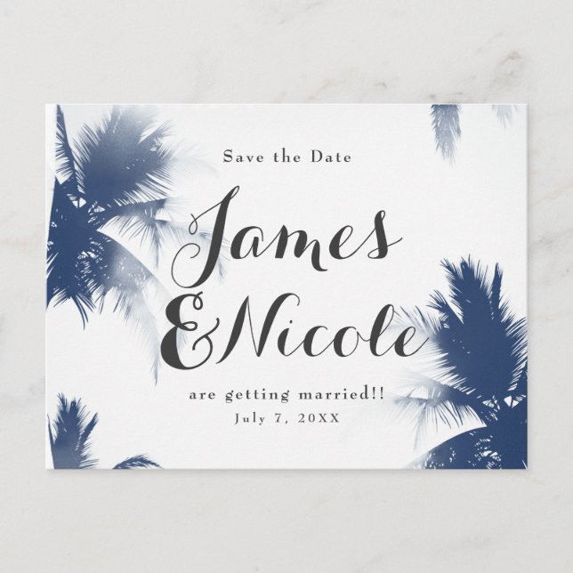 Palm Trees White Glamour Modern Save the Date Announcement Postcard (Front)