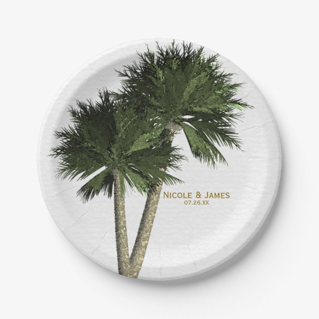 Palm Trees White & Gold Elegant Wedding Plates (Front)