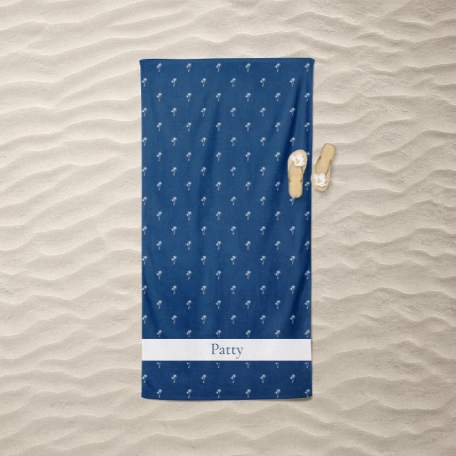 Palm Trees White on Navy Blue Beach Towel (Palm Tree Navy Blue Beach Towel)