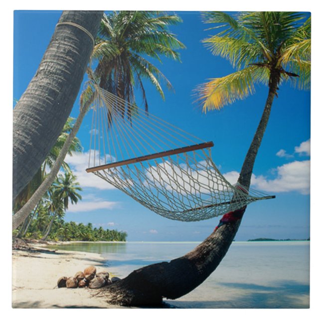Palm Trees with Hammock, tropical scene, Ceramic Tile (Front)