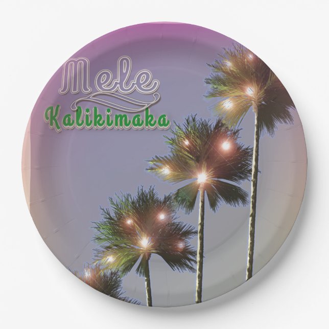 Palm Trees With Lights Mele Kalikimaka Paper Plate (Front)