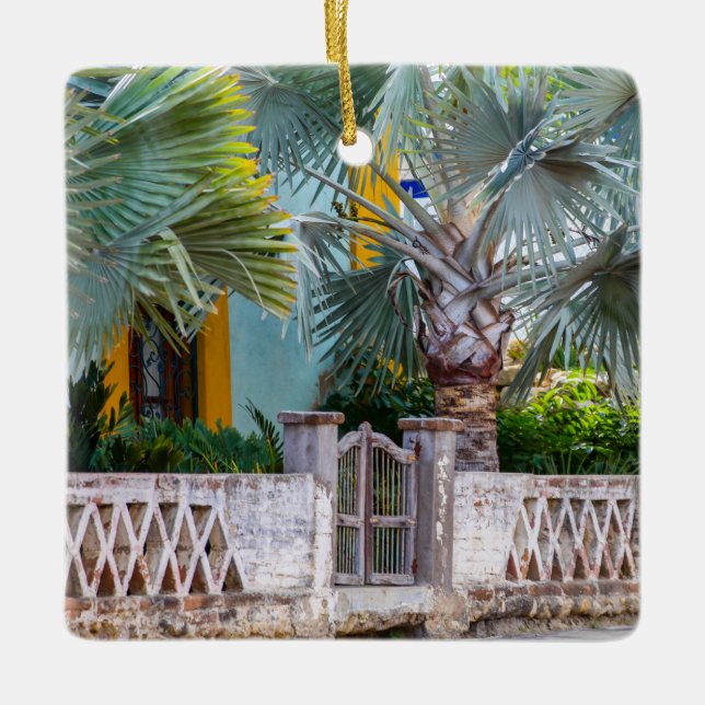 Palm Trees with Rustic Gate |  Mexico Ceramic Ceramic Ornament (Front)
