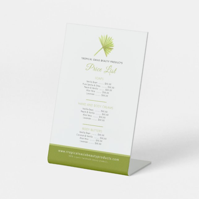 Palm tropical beauty product price list green pedestal sign (Front)