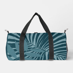 palm & tropical leaf abstract in blue green grey duffle bag