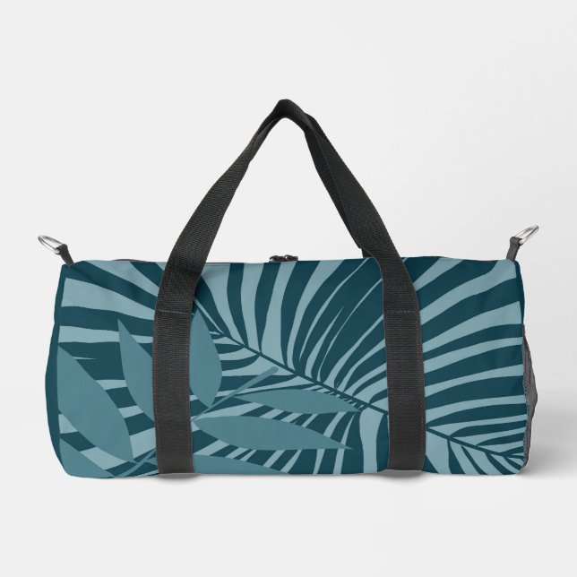 palm & tropical leaf abstract in blue green grey duffle bag (Front)