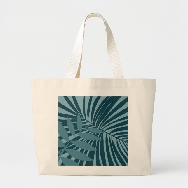 palm & tropical leaf abstract in blue green grey large tote bag (Front)