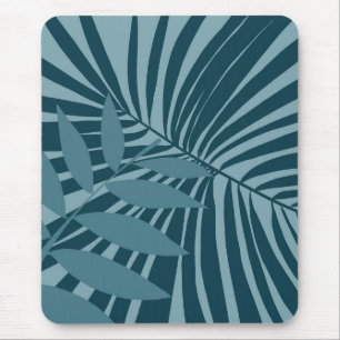 palm & tropical leaf abstract in blue green grey mouse pad