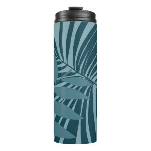 palm & tropical leaf abstract in blue green grey thermal tumbler
