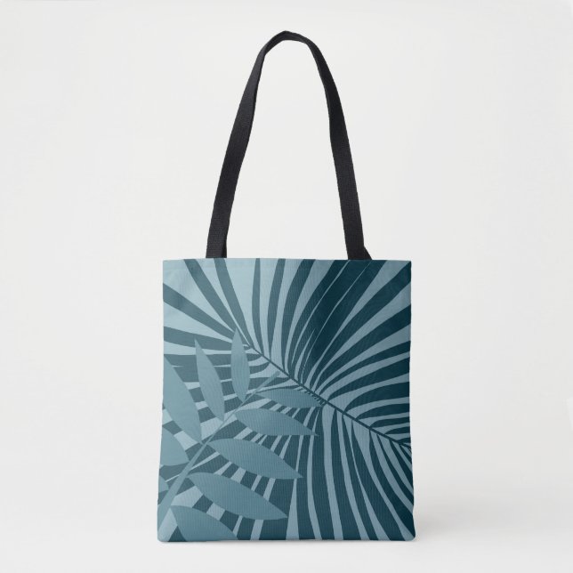 palm & tropical leaf abstract in blue green grey tote bag (Front)