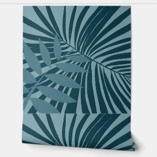 palm & tropical leaf abstract in blue green grey wallpaper