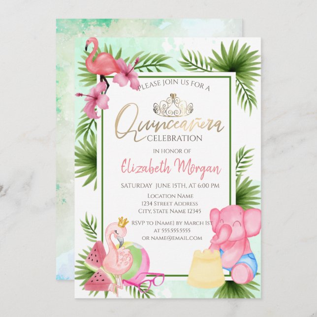 Palm Watermelon Flamingo EIephant Quinceañera Invitation (Front/Back)