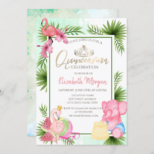 Palm Watermelon Flamingo EIephant Quinceañera Invitation