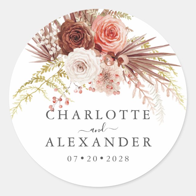 Palmetto Rust Orange Terracotta Floral Wedding Classic Round Sticker (Front)
