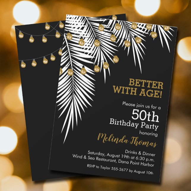 Palms 50th Black and Gold Birthday Party Invitation (Creator Uploaded)