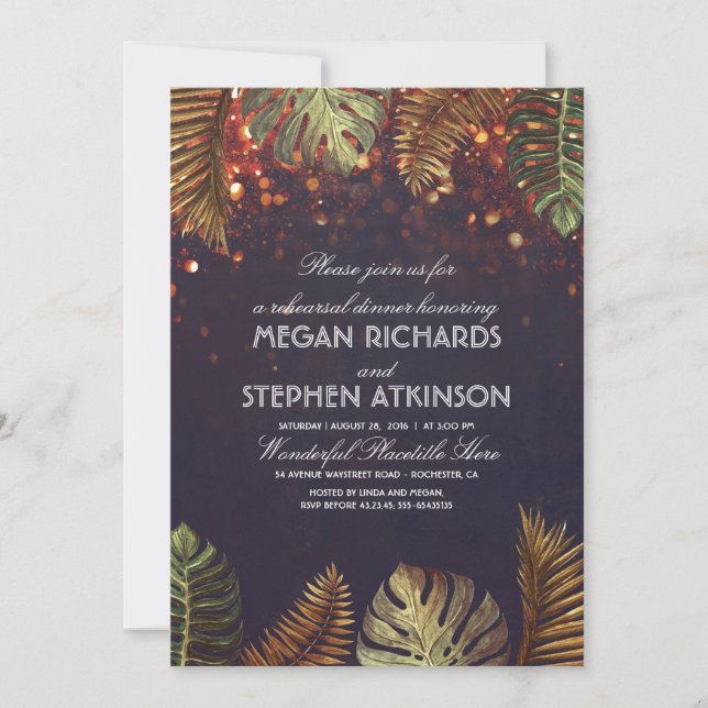Palms and String Lights Beach Rehearsal Dinner Invitation (Front)