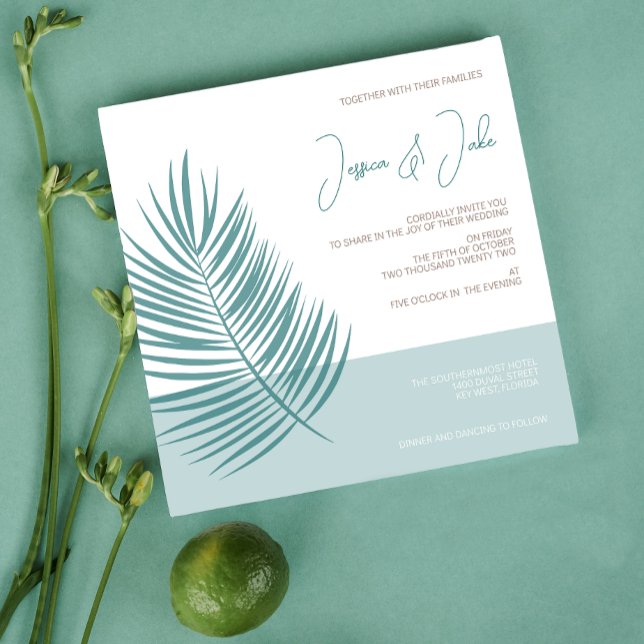 Palms Aqua • Pretty Coastal Modern Wedding Invitation (Aqua palms blue wedding invitation on green background)