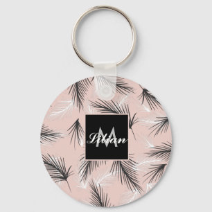 Palms Black White Earthy Tone Pink Monogrammed Key Ring